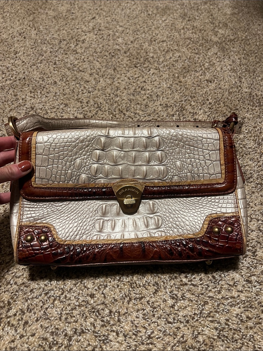 Brahmin Cream and Cognac Crocodile Leather Shoulder Bag